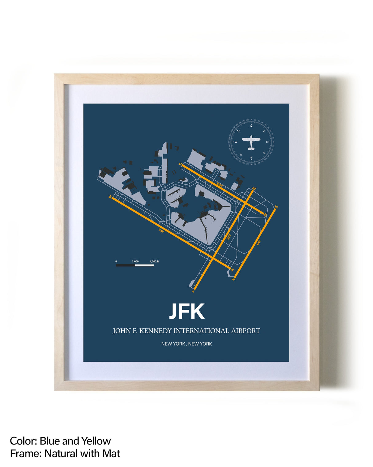 John F. Kennedy International Airport framed print in natural wood frame with mat