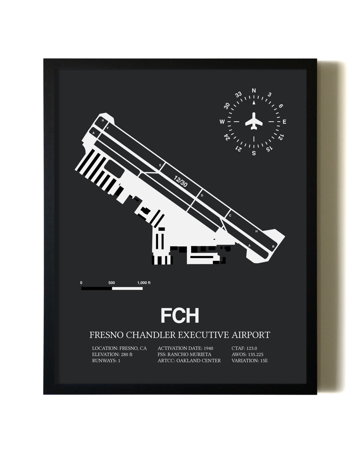 Unframed Fresno Chandler Executive Airport map print poster
