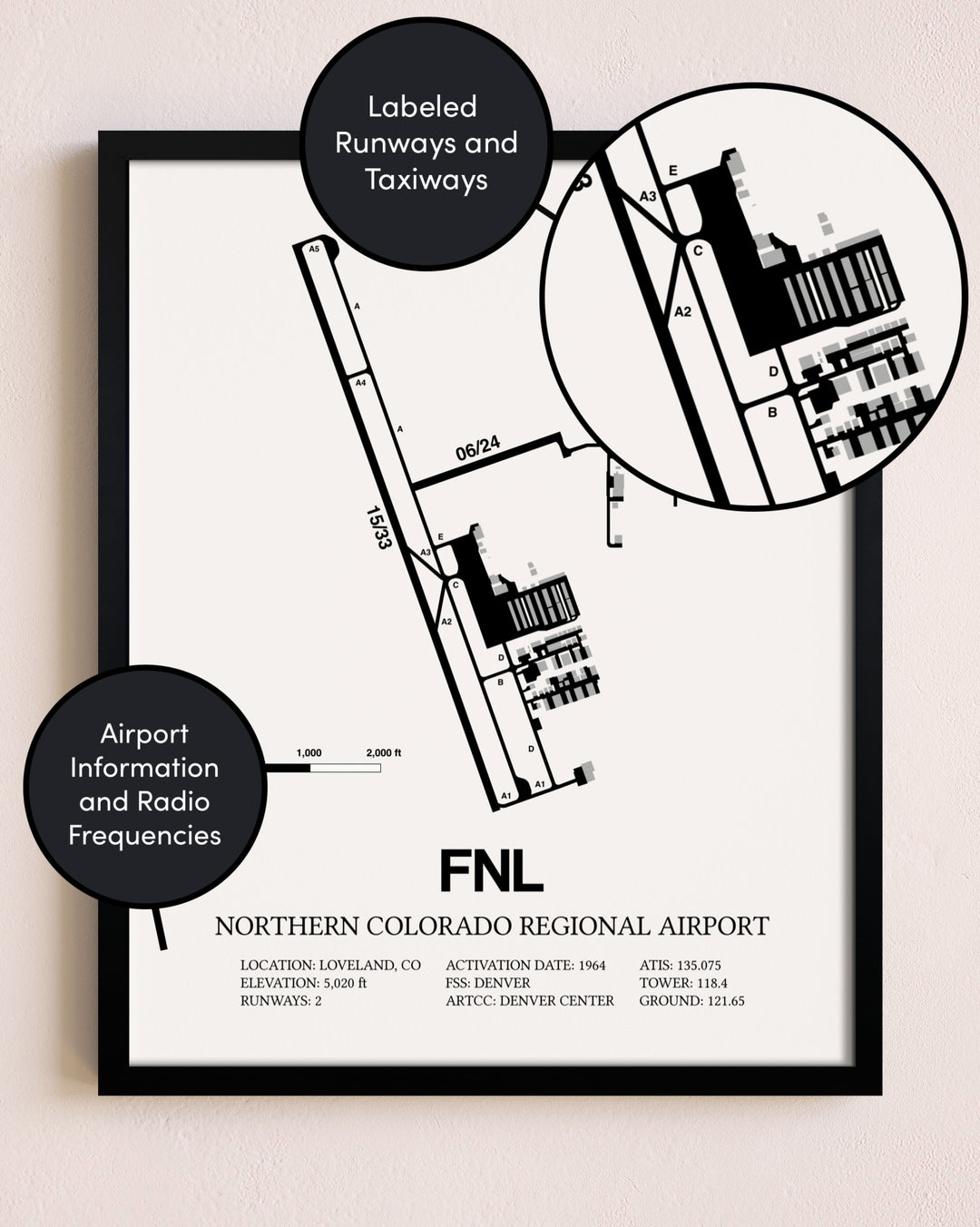 Framed Northern Colorado Regional Airport layout wall art poster