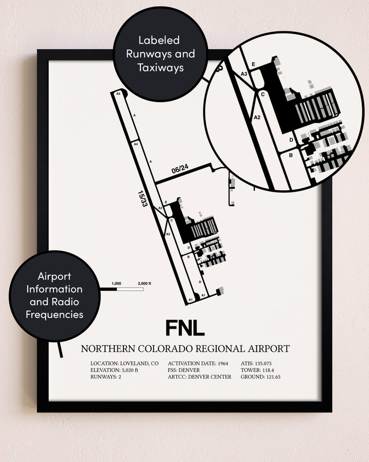 Framed Northern Colorado Regional Airport layout wall art poster