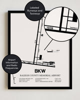 Framed Detailed Airport Map of Raleigh County Memorial Airport (BKW) in White with a Black Frame