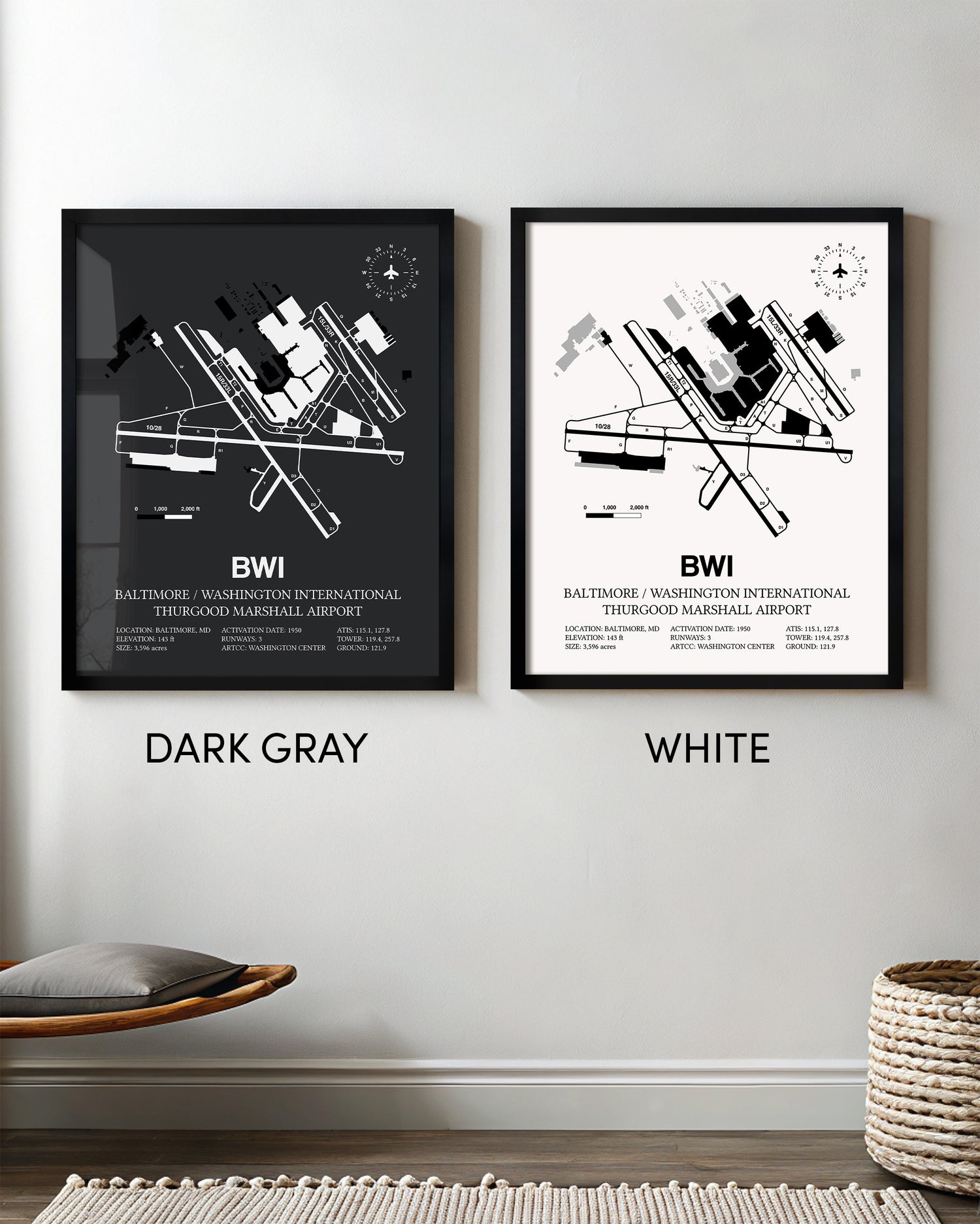 Framed Detailed Airport Map of Baltimore/Washington International Thurgood Marshall Airport (BWI) in White and Gray