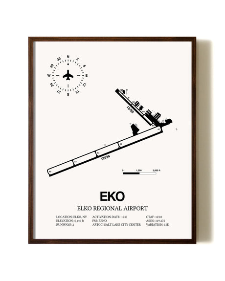 Elko Regional Airport aviation print in walnut frame
