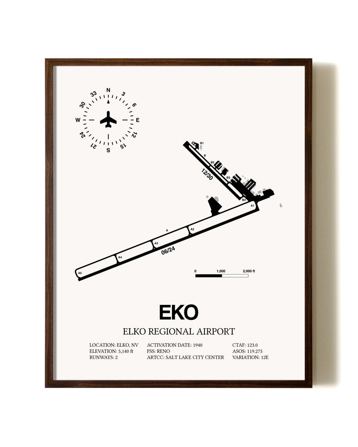 Elko Regional Airport aviation print in walnut frame