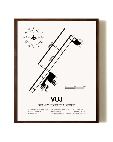 Stanly County Airport aviation print in walnut frame