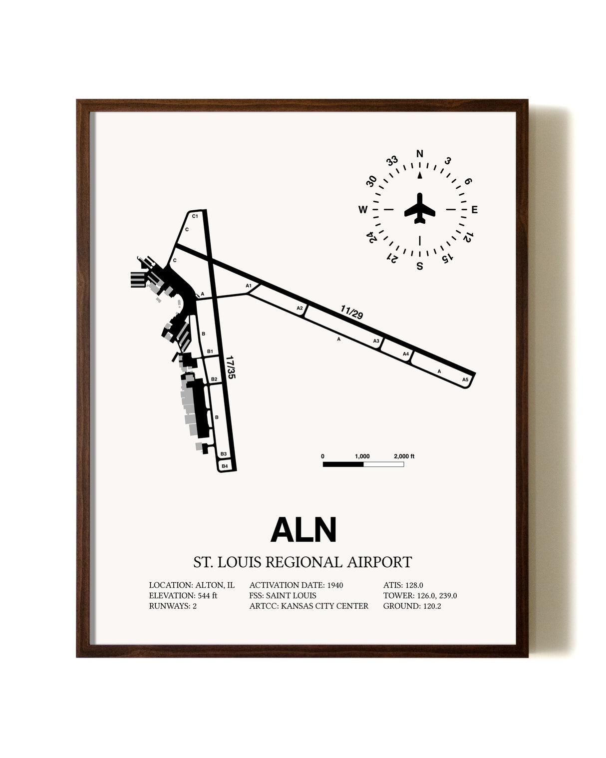 St. Louis Regional Airport aviation print in walnut frame
