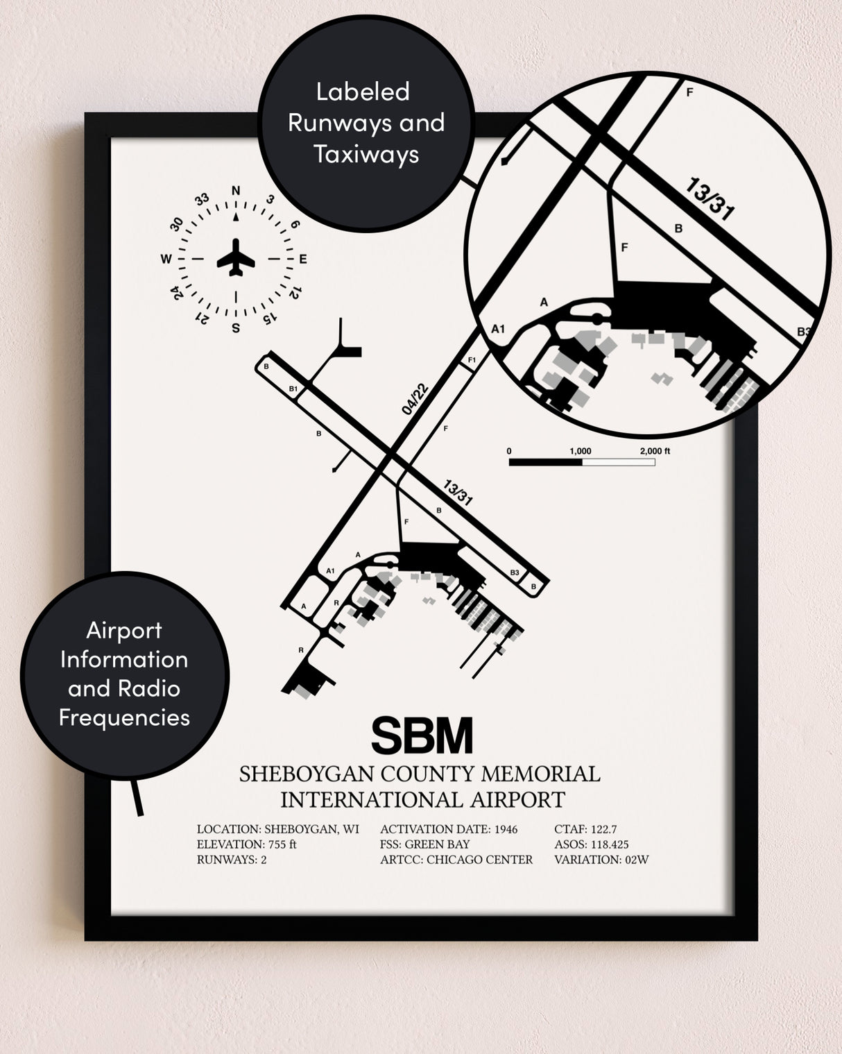 Framed Sheboygan County Memorial International Airport layout wall art poster