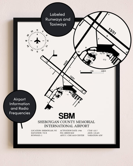Framed Sheboygan County Memorial International Airport layout wall art poster