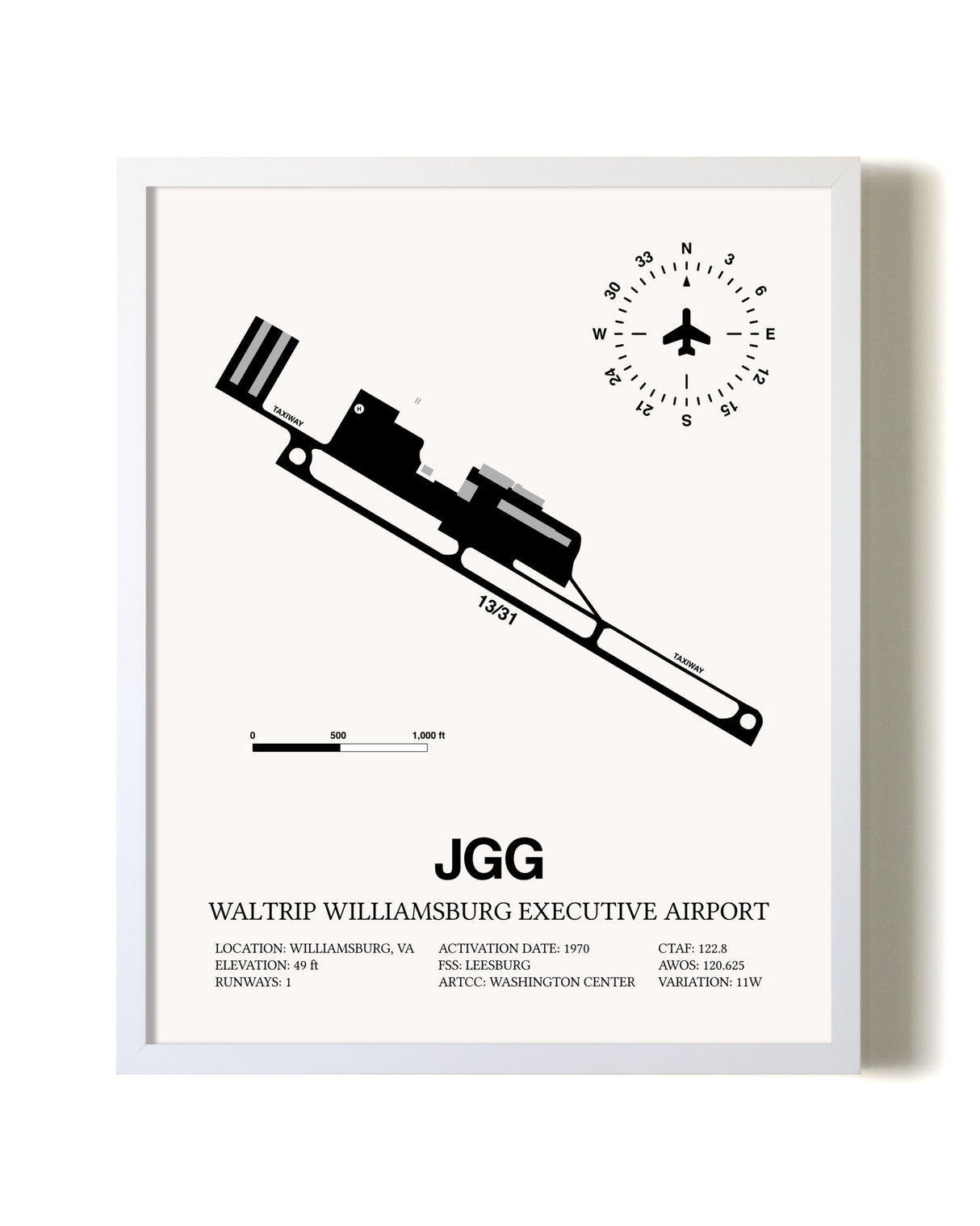 Waltrip Williamsburg Executive Airport airport map poster in oak frame