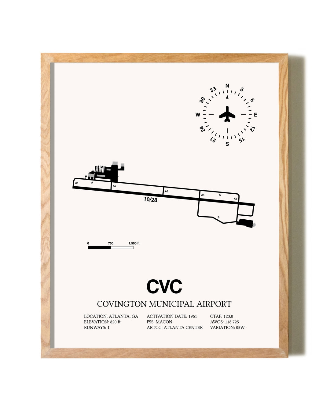 Covington Municipal Airport framed print in natural wood frame