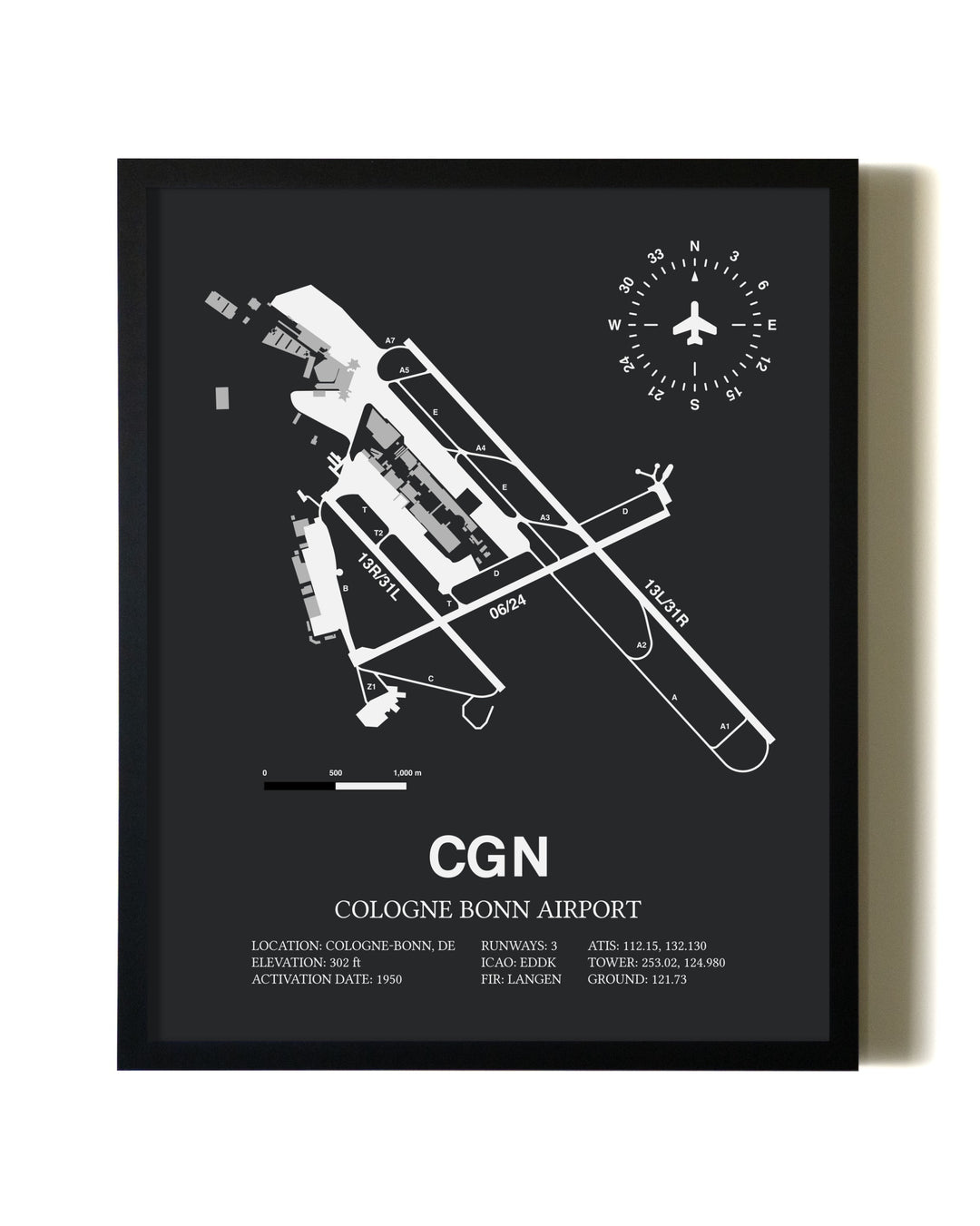 Unframed Cologne Bonn Airport map print poster
