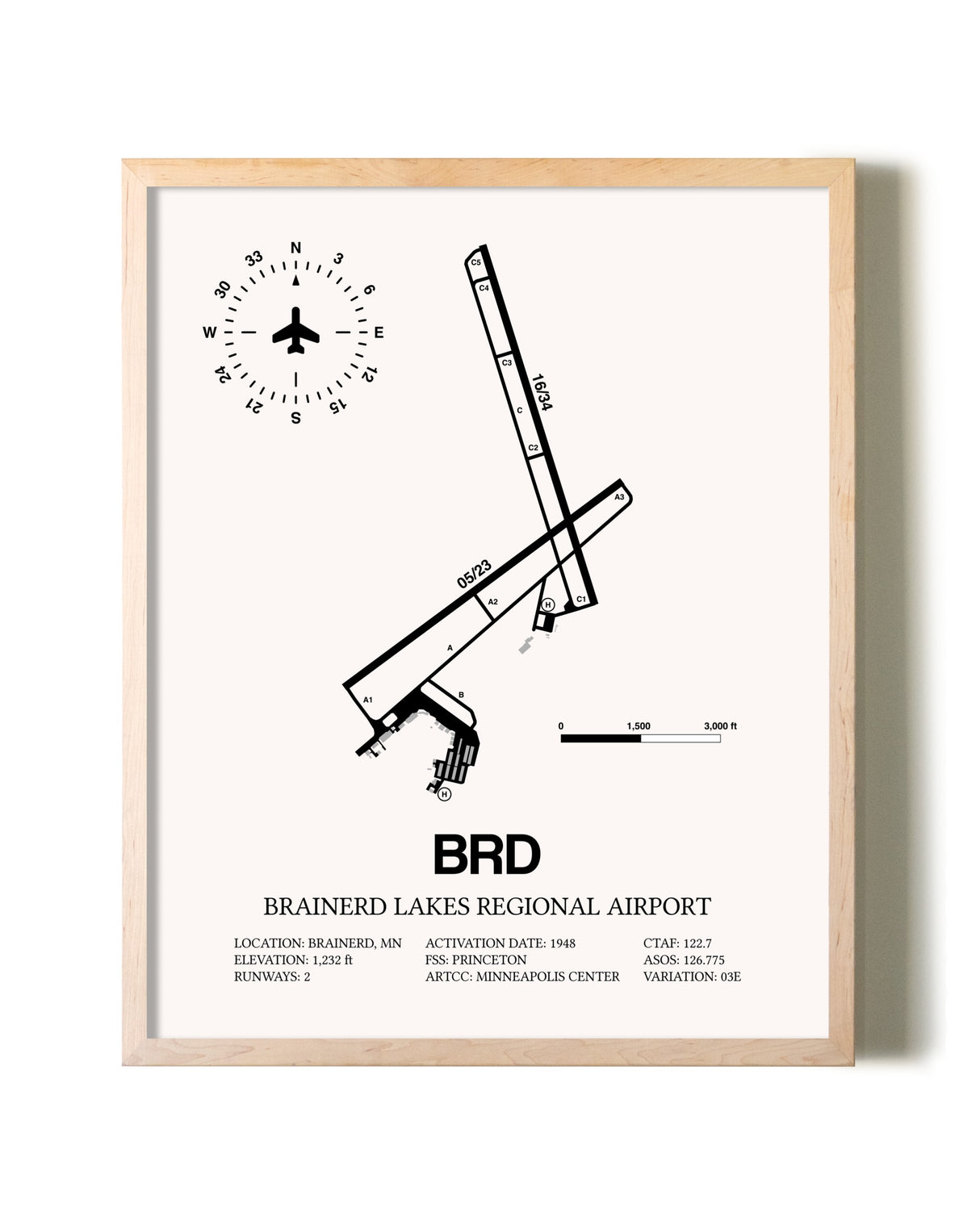 Brainerd Lakes Regional Airport framed wall art in white frame