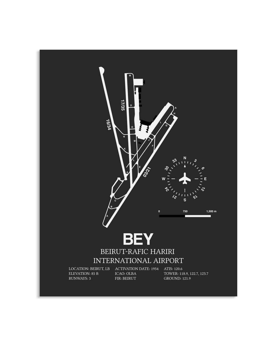 Gray Framed Beirut-Rafic Hariri International Airport layout wall art poster