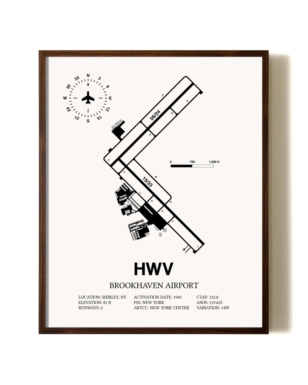 Brookhaven Airport aviation print in walnut frame