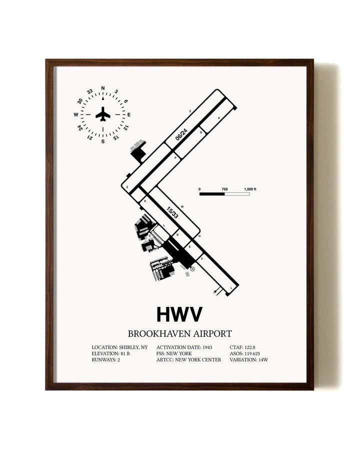 Brookhaven Airport aviation print in walnut frame