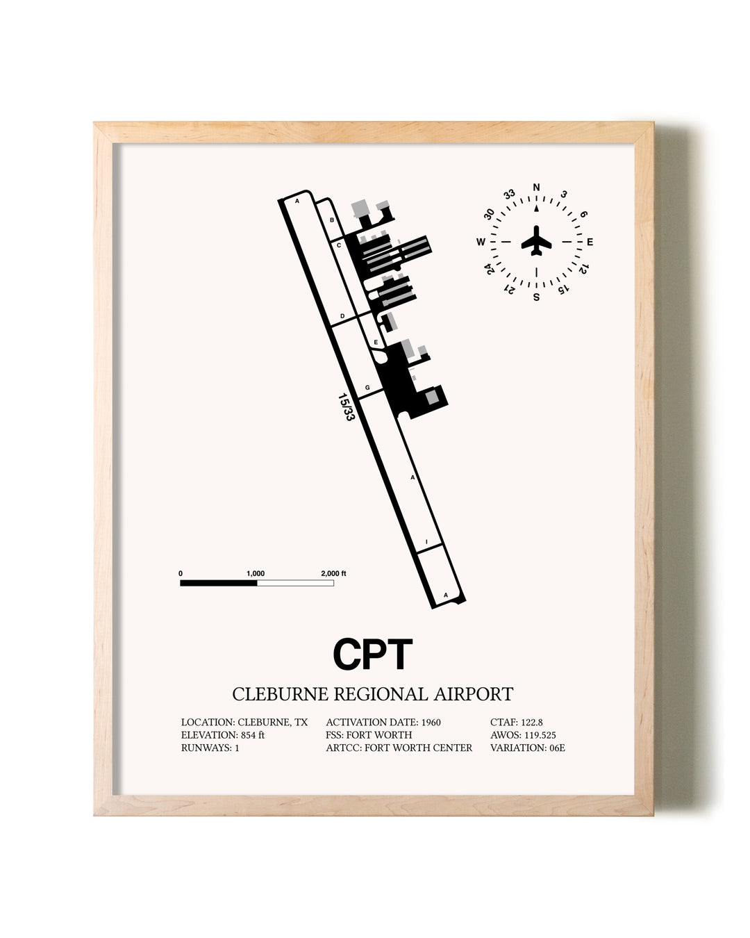 Cleburne Regional Airport framed wall art in white frame