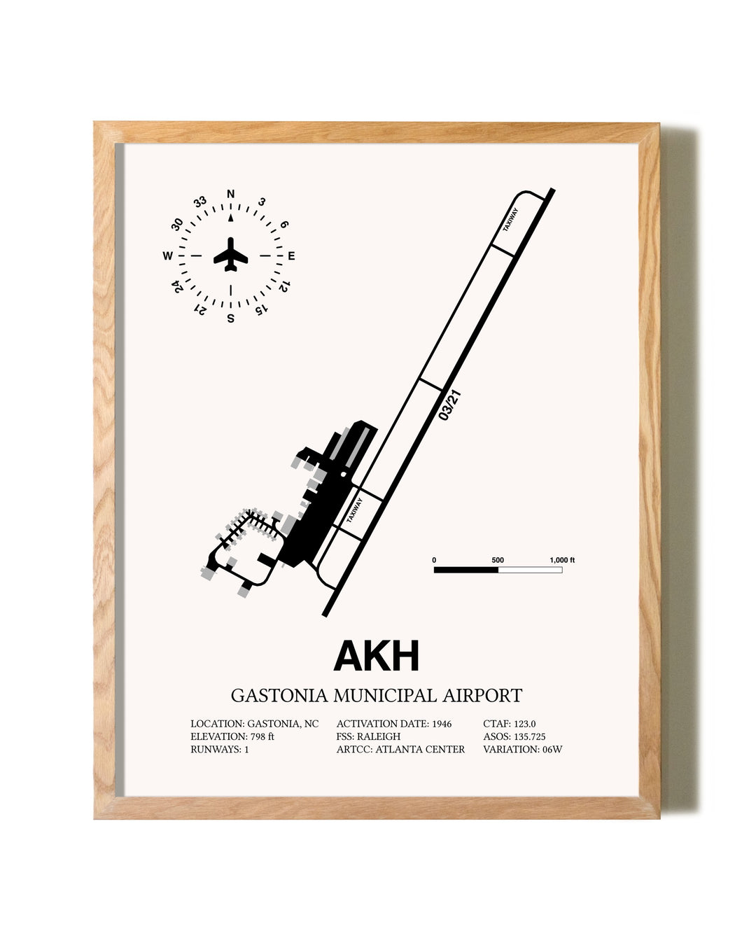 Gastonia Municipal Airport framed print in natural wood frame