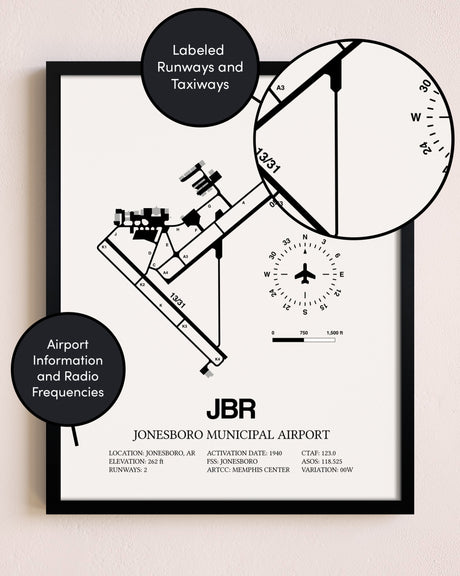 Framed Jonesboro Municipal Airport layout wall art poster