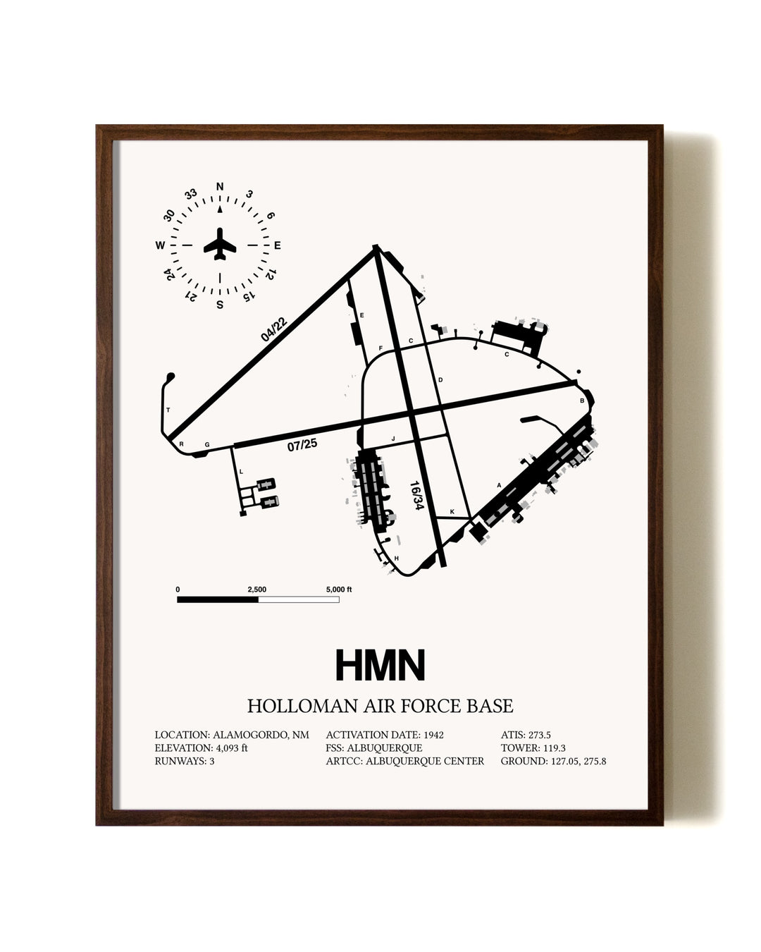 Holloman Air Force Base aviation print in walnut frame