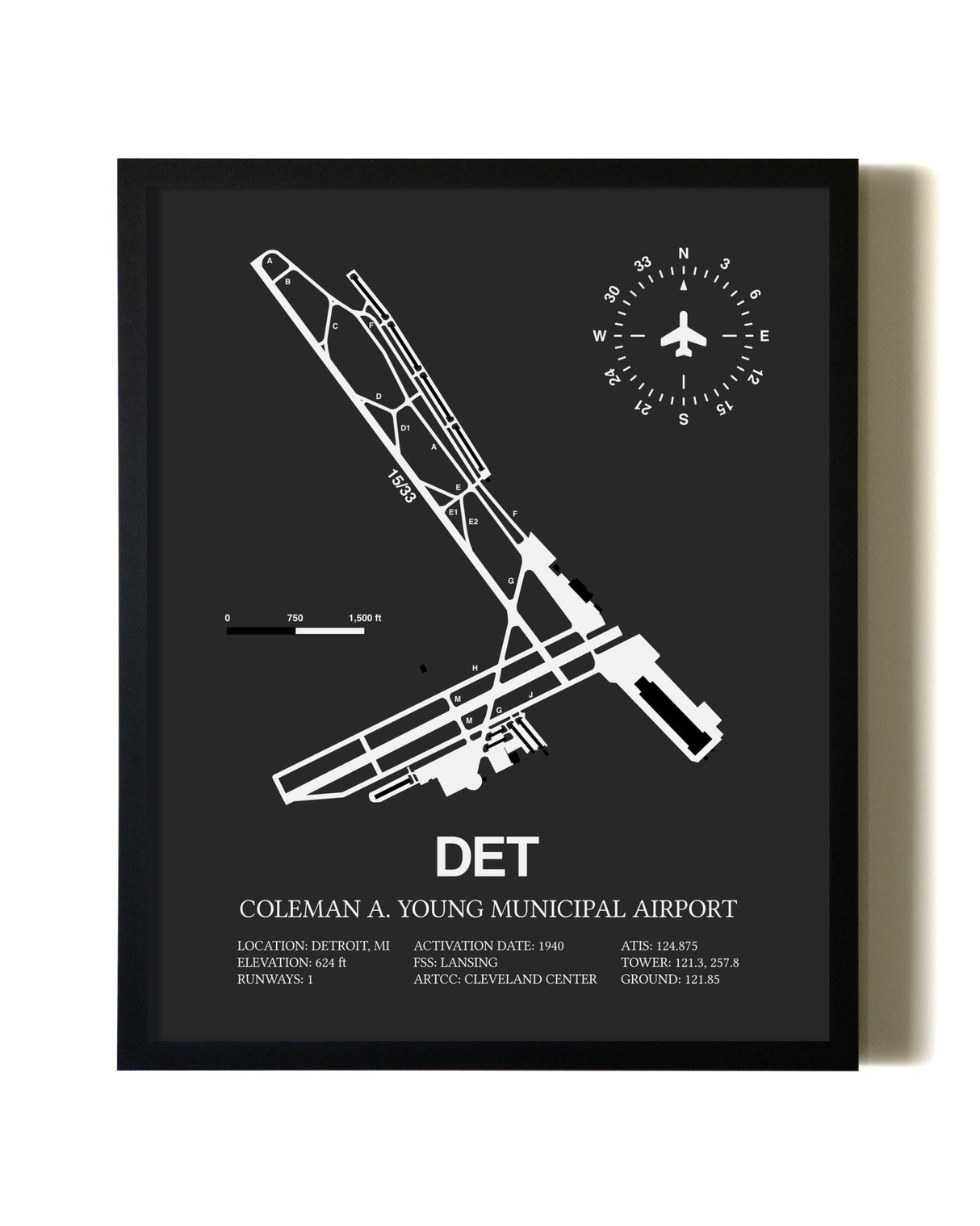 Unframed Coleman A. Young Municipal Airport map print poster