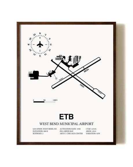 West Bend Municipal Airport aviation print in walnut frame