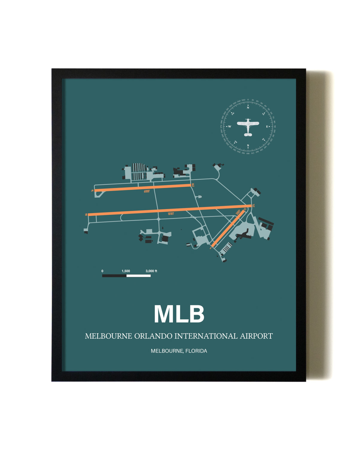 Green Melbourne Orlando International Airport aviation wall décor in black wood frame