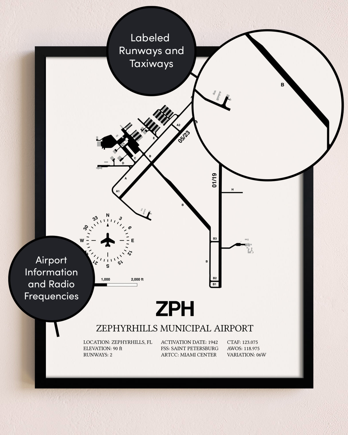 Framed Zephyrhills Municipal Airport layout wall art poster