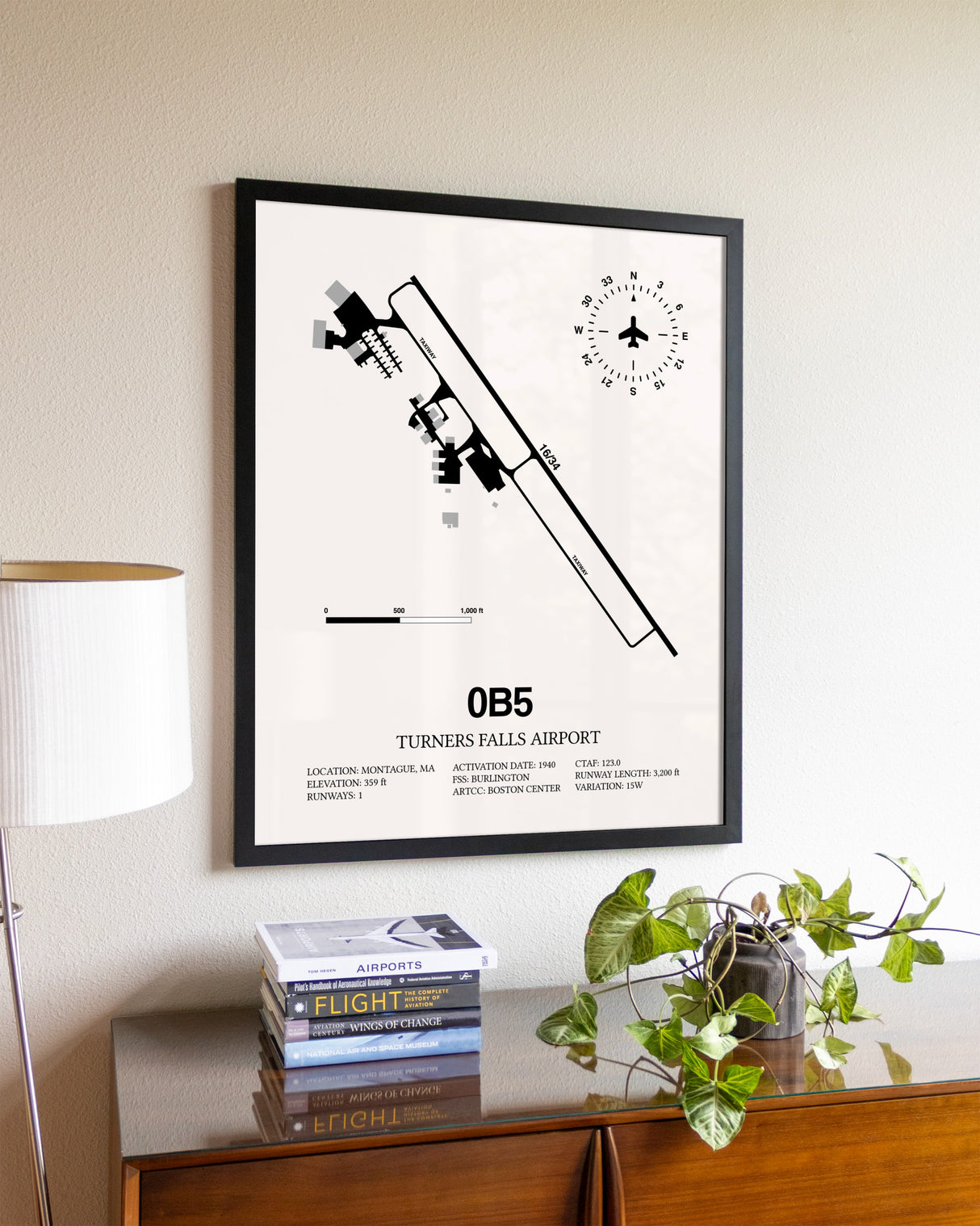 Turners Falls Airport aviation wall décor in black wood frame