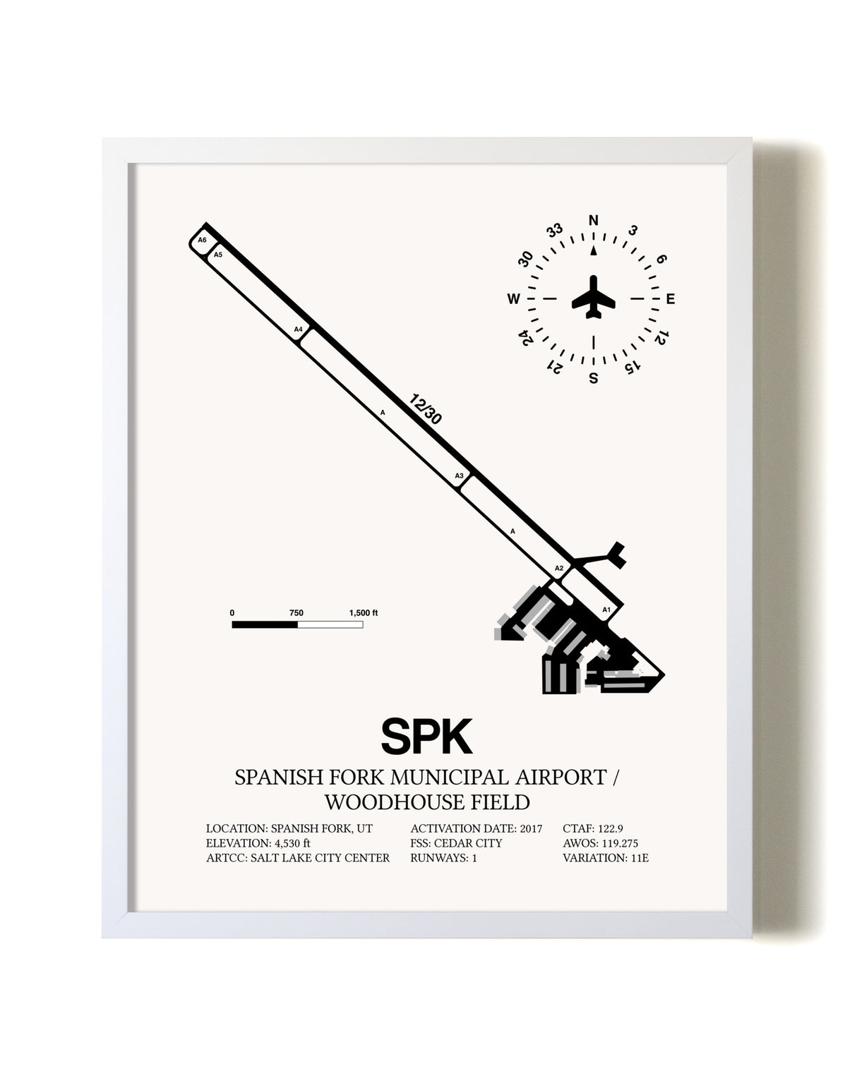 Spanish Fork Municipal Airport / Woodhouse Field airport map poster in oak frame