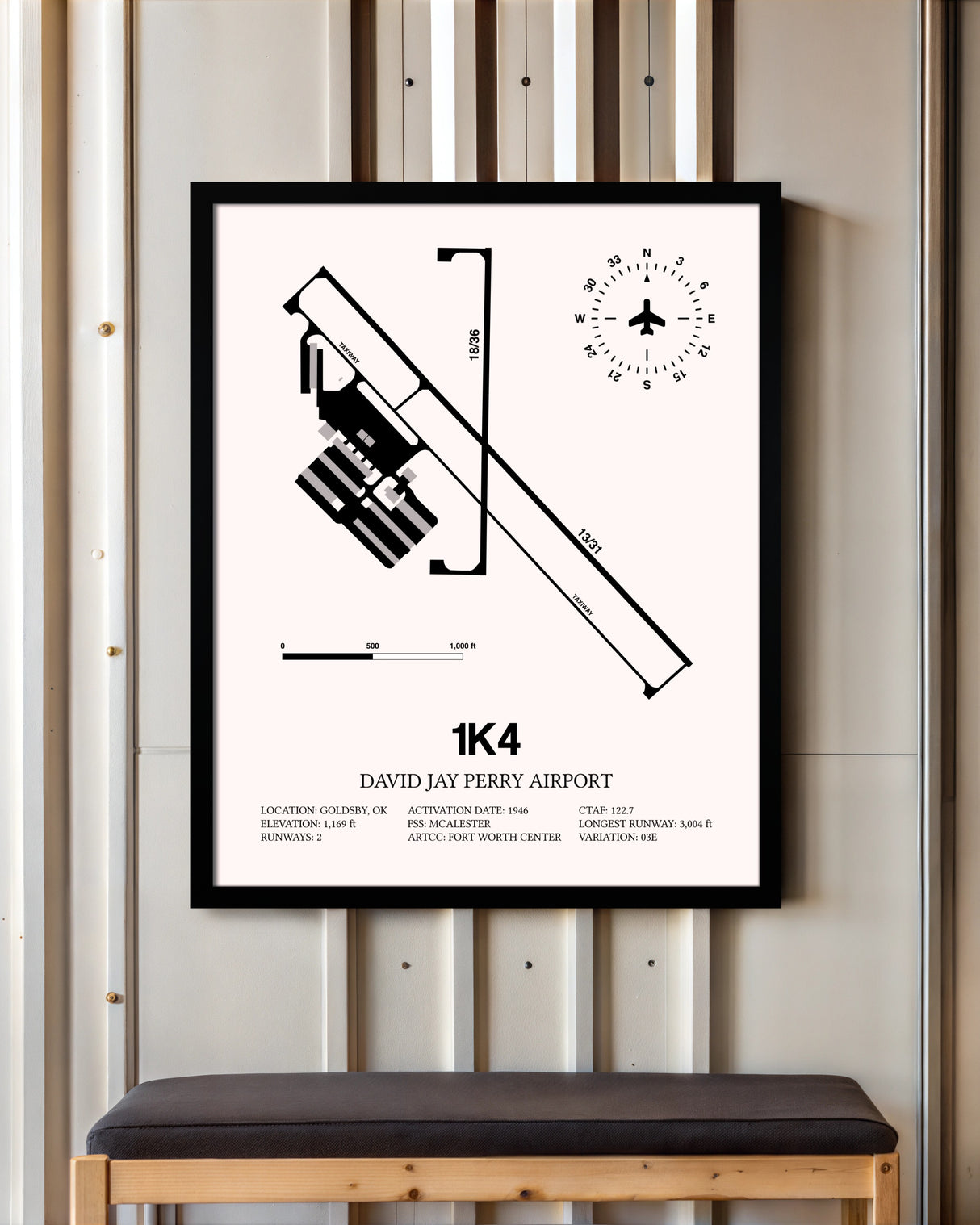 David Jay Perry Airport framed poster displayed in an airplane hangar