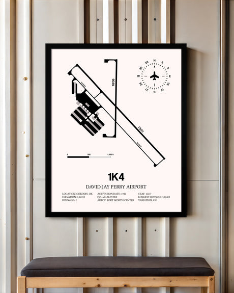 David Jay Perry Airport framed poster displayed in an airplane hangar