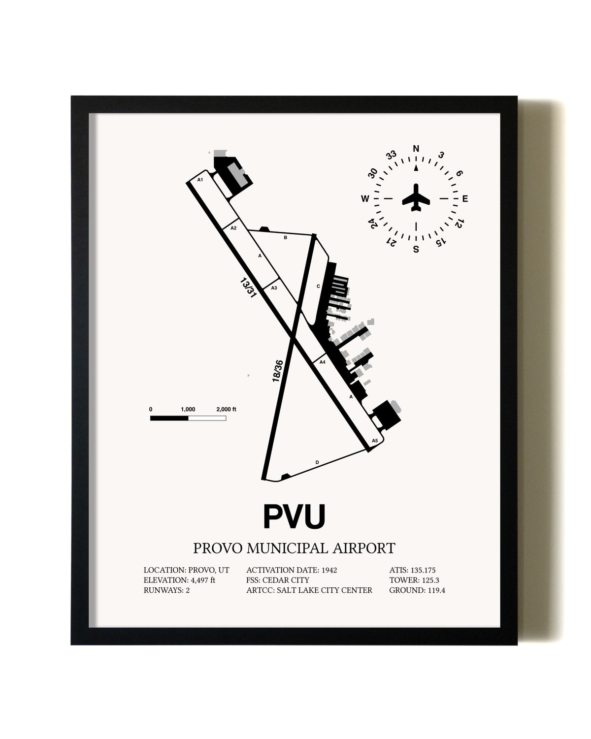 Framed Provo Municipal Airport wall art poster in black frame
