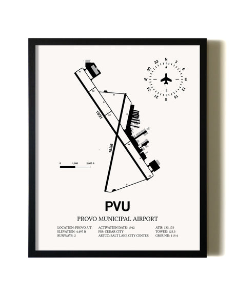 Framed Provo Municipal Airport wall art poster in black frame