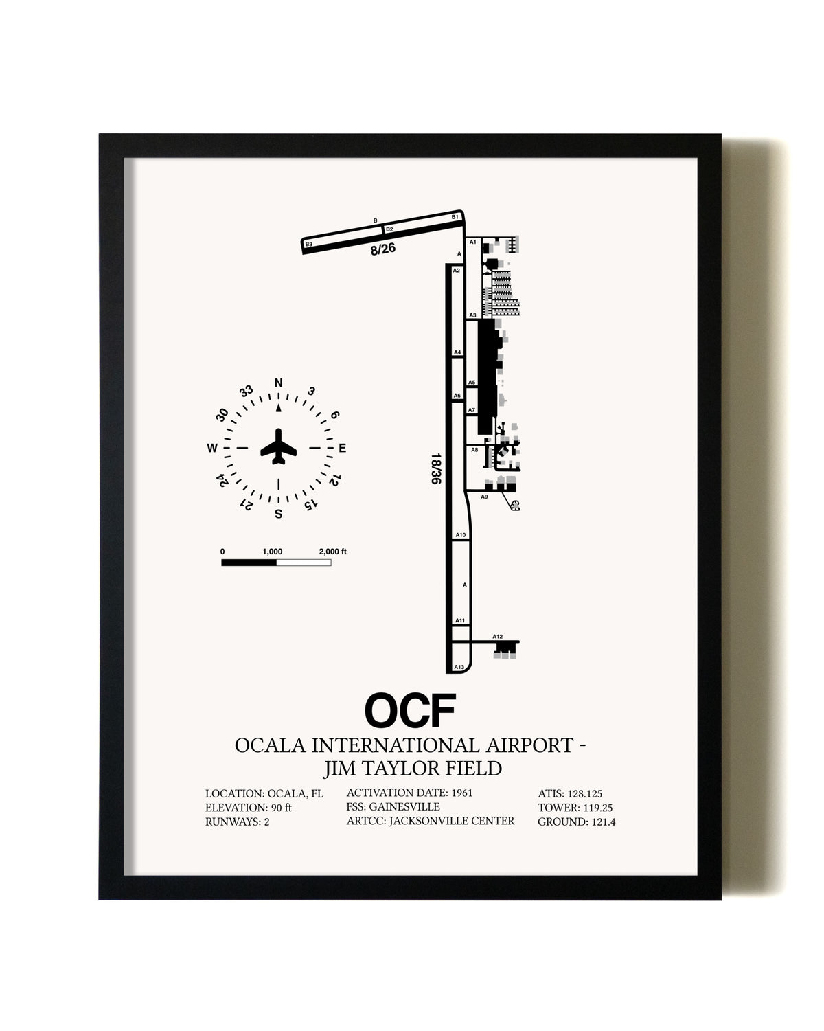 Framed Ocala International Airport-Jim Taylor Field wall art poster in black frame