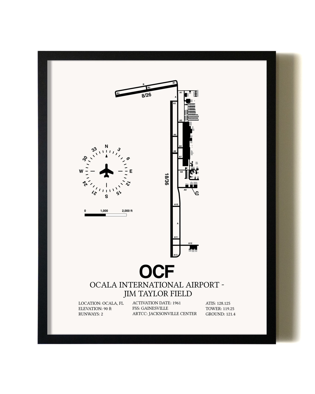 Framed Ocala International Airport-Jim Taylor Field wall art poster in black frame