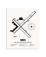 Gray MBS International Airport framed poster displayed in an airplane hangar