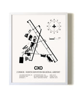 Conroe / North Houston Regional Airport airport map poster in oak frame