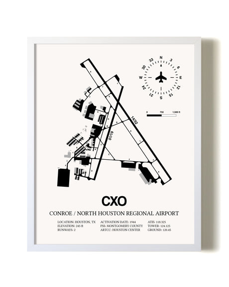 Conroe / North Houston Regional Airport airport map poster in oak frame