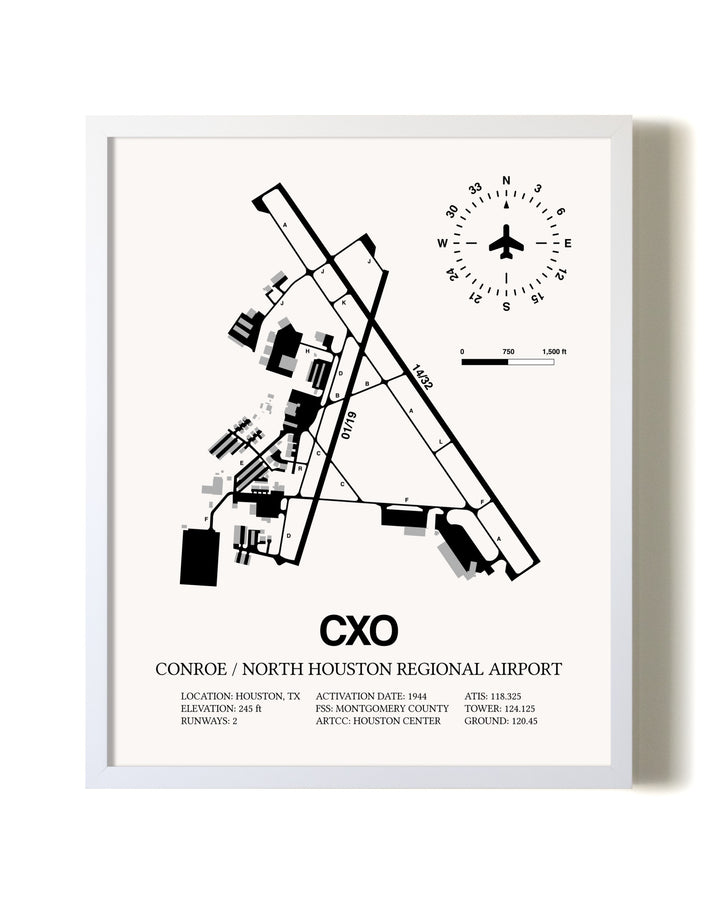 Conroe / North Houston Regional Airport airport map poster in oak frame