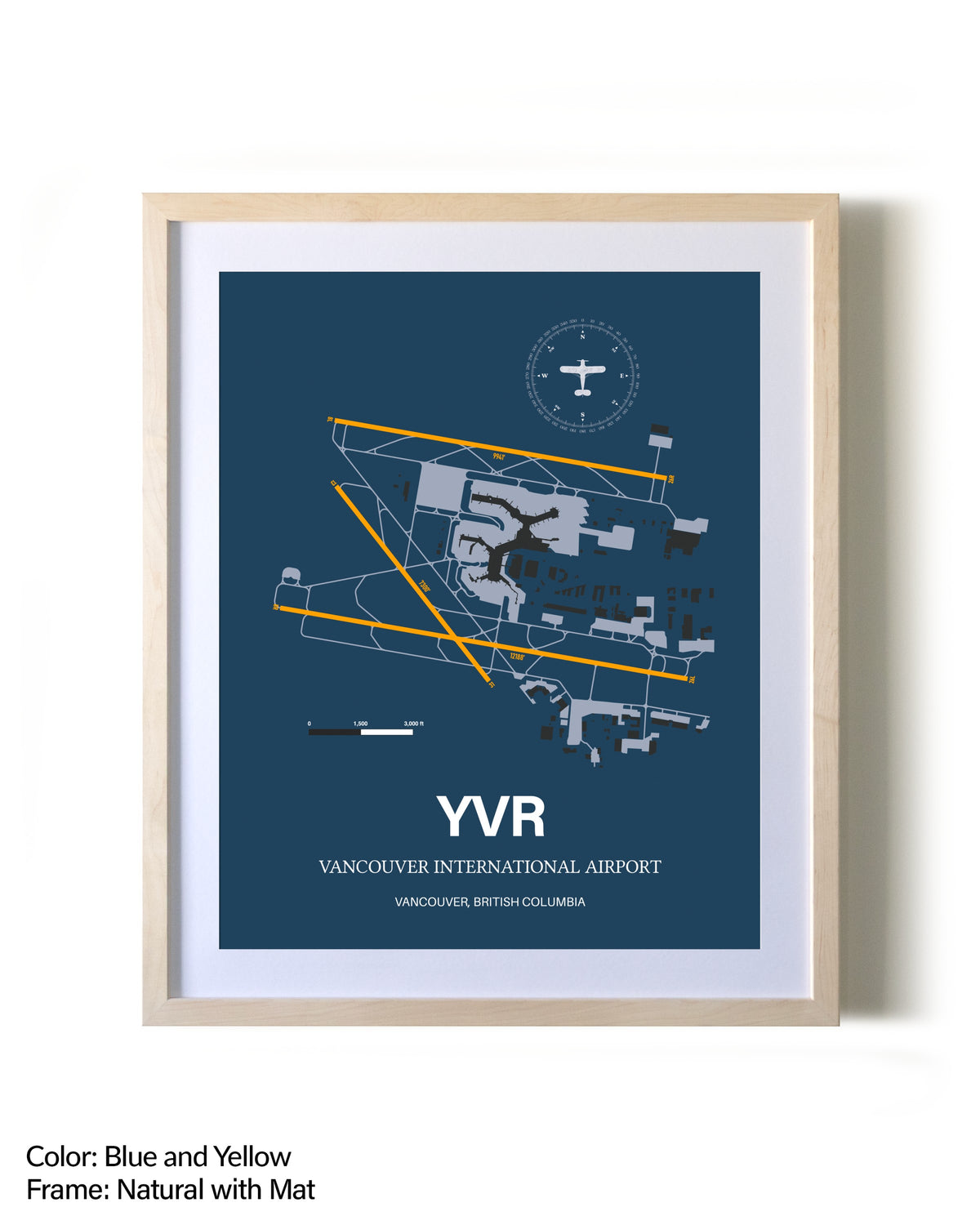 Vancouver International Airport framed print in natural wood frame with mat