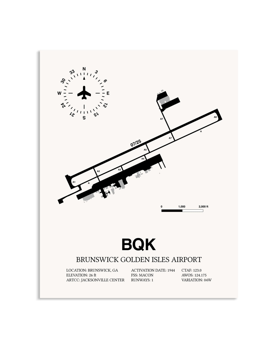 Gray Brunswick Golden Isles Airport framed poster displayed in an airplane hangar