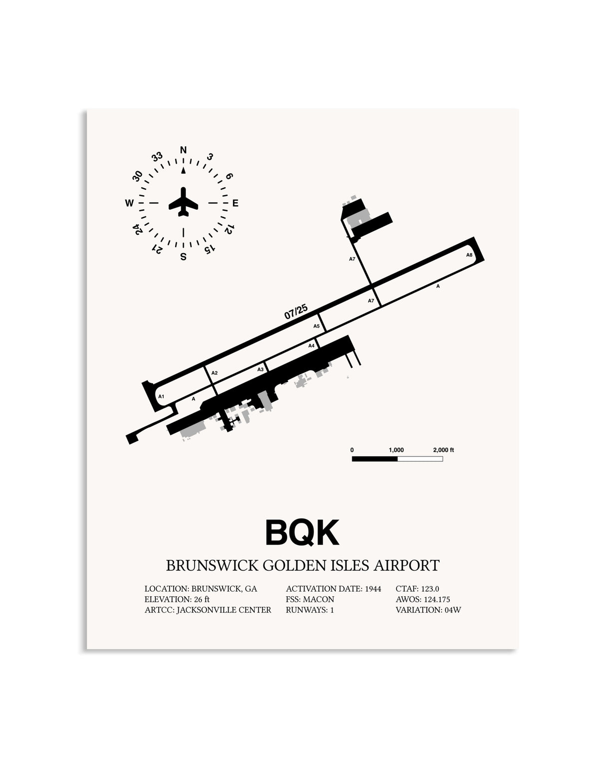 Gray Brunswick Golden Isles Airport framed poster displayed in an airplane hangar