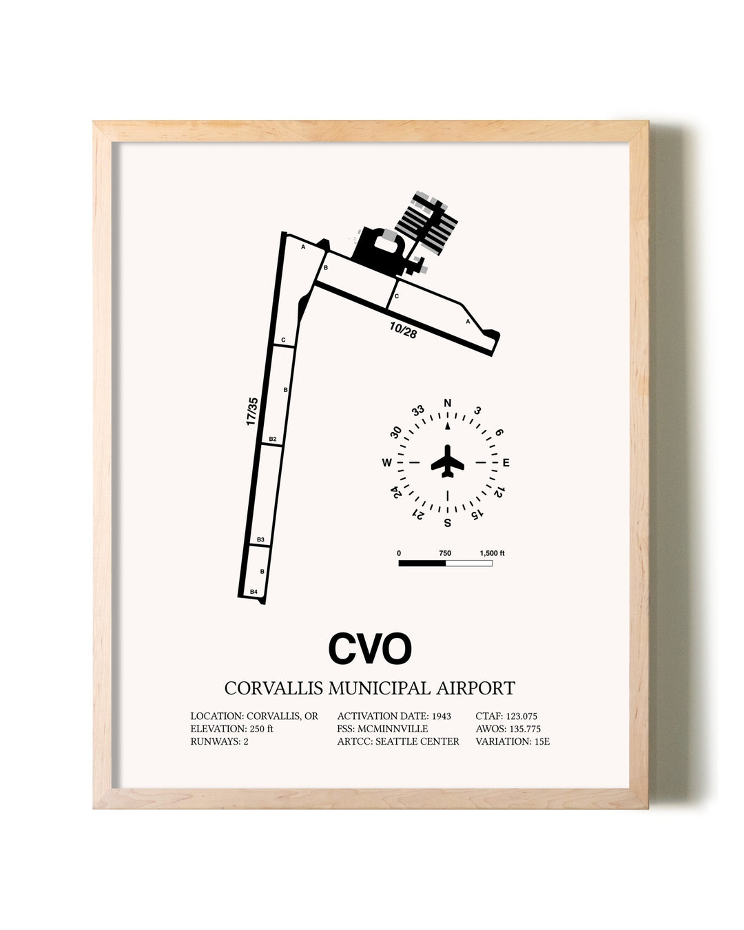 Corvallis Municipal Airport framed wall art in white frame