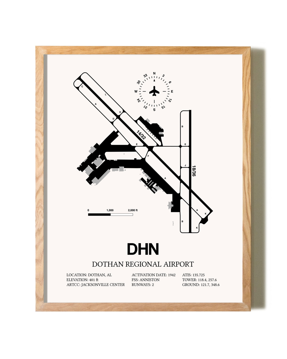 Dothan Regional Airport framed print in natural wood frame