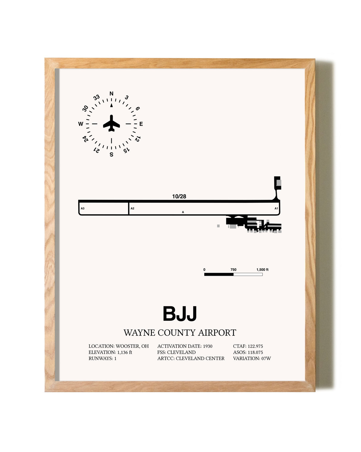 Wayne County Airport framed print in natural wood frame