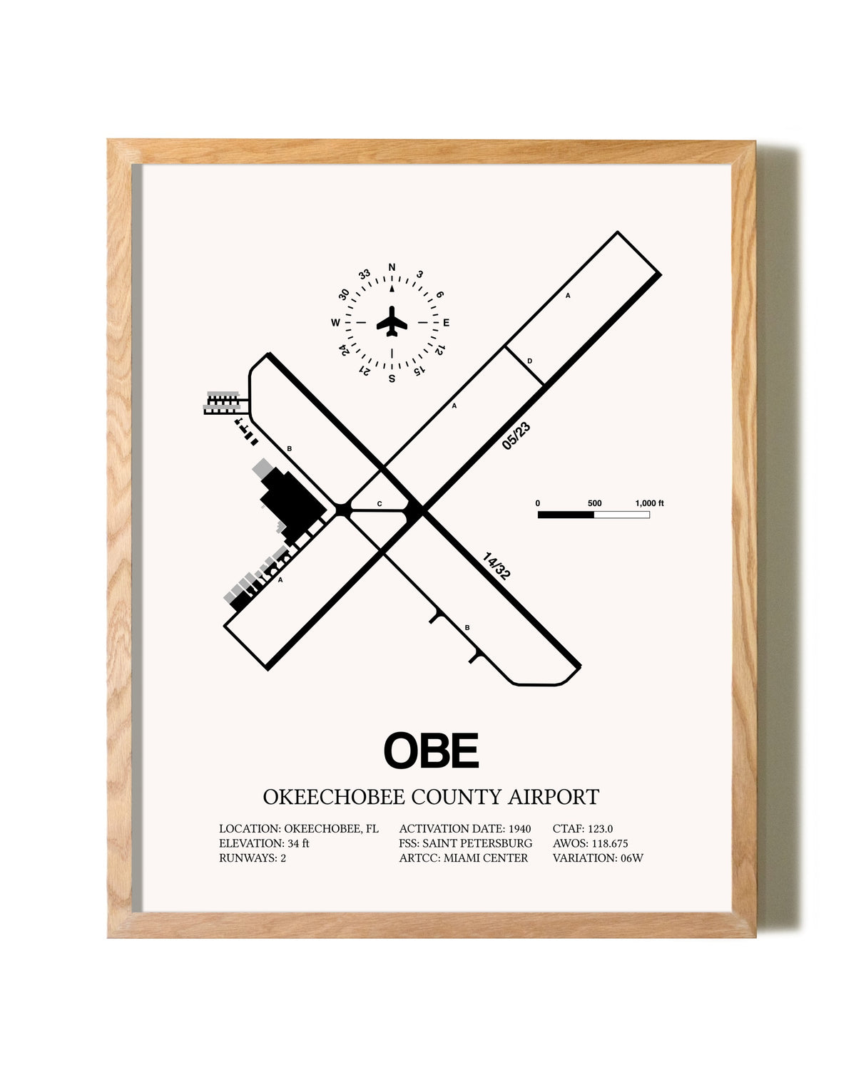 Okeechobee County Airport framed print in natural wood frame