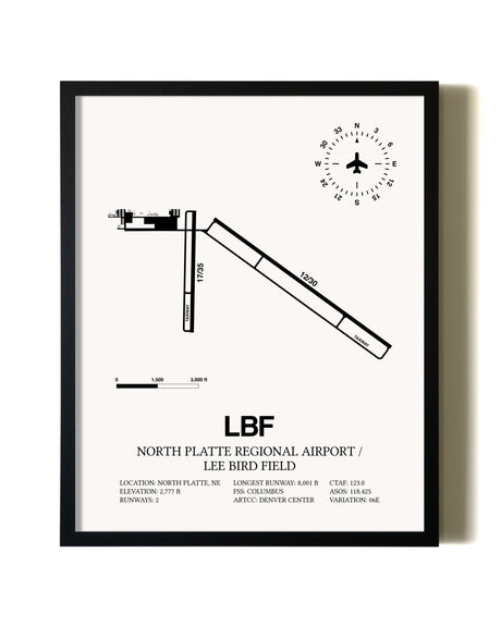 Framed North Platte Regional Airport / Lee Bird Field wall art poster in black frame