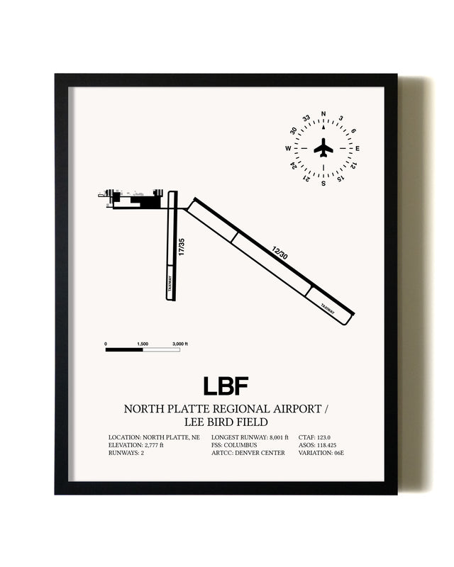 Framed North Platte Regional Airport / Lee Bird Field wall art poster in black frame