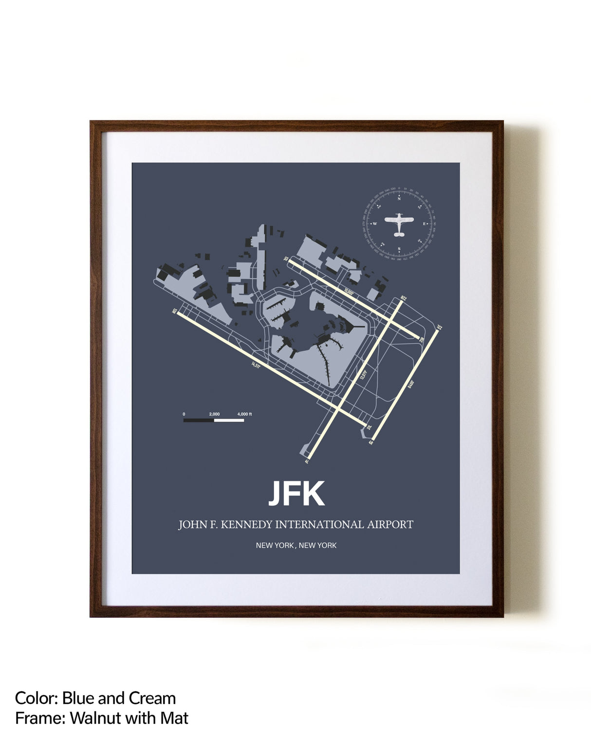 John F. Kennedy International Airport aviation print in walnut frame with mat