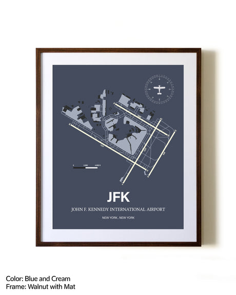 John F. Kennedy International Airport aviation print in walnut frame with mat